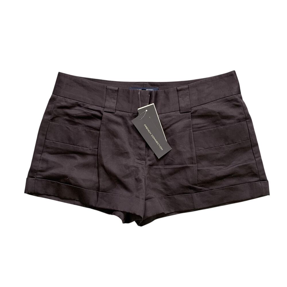French Connection Shorts Women 8 Black Mid Rise Pocket Cuffed Linen Blend Sateen
